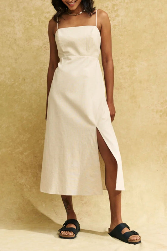 Cream Linen-blend Spaghetti Strap Maddy Midaxi Dress