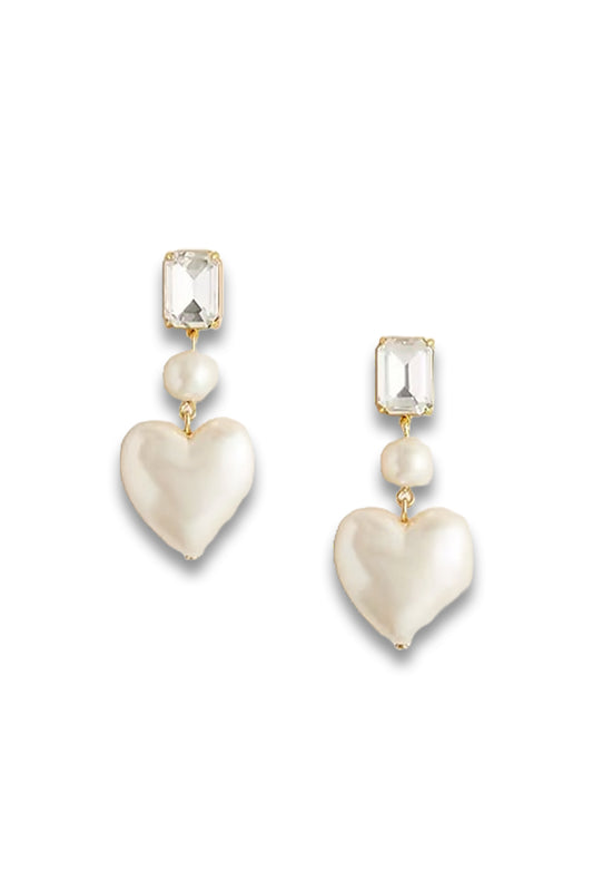 Crystal and pearl heart drop earrings