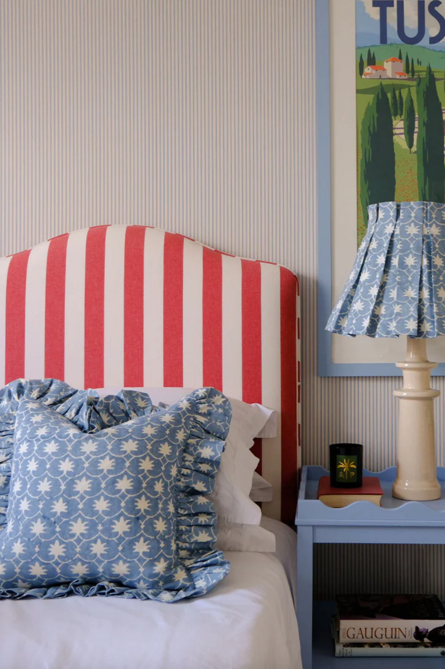 French Blue Inverse Palm Grove Linen Frilly Cushion