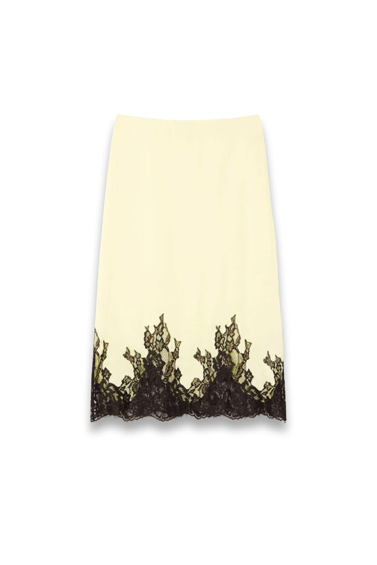 Yellow Lace Hem Satin Midi Skirt