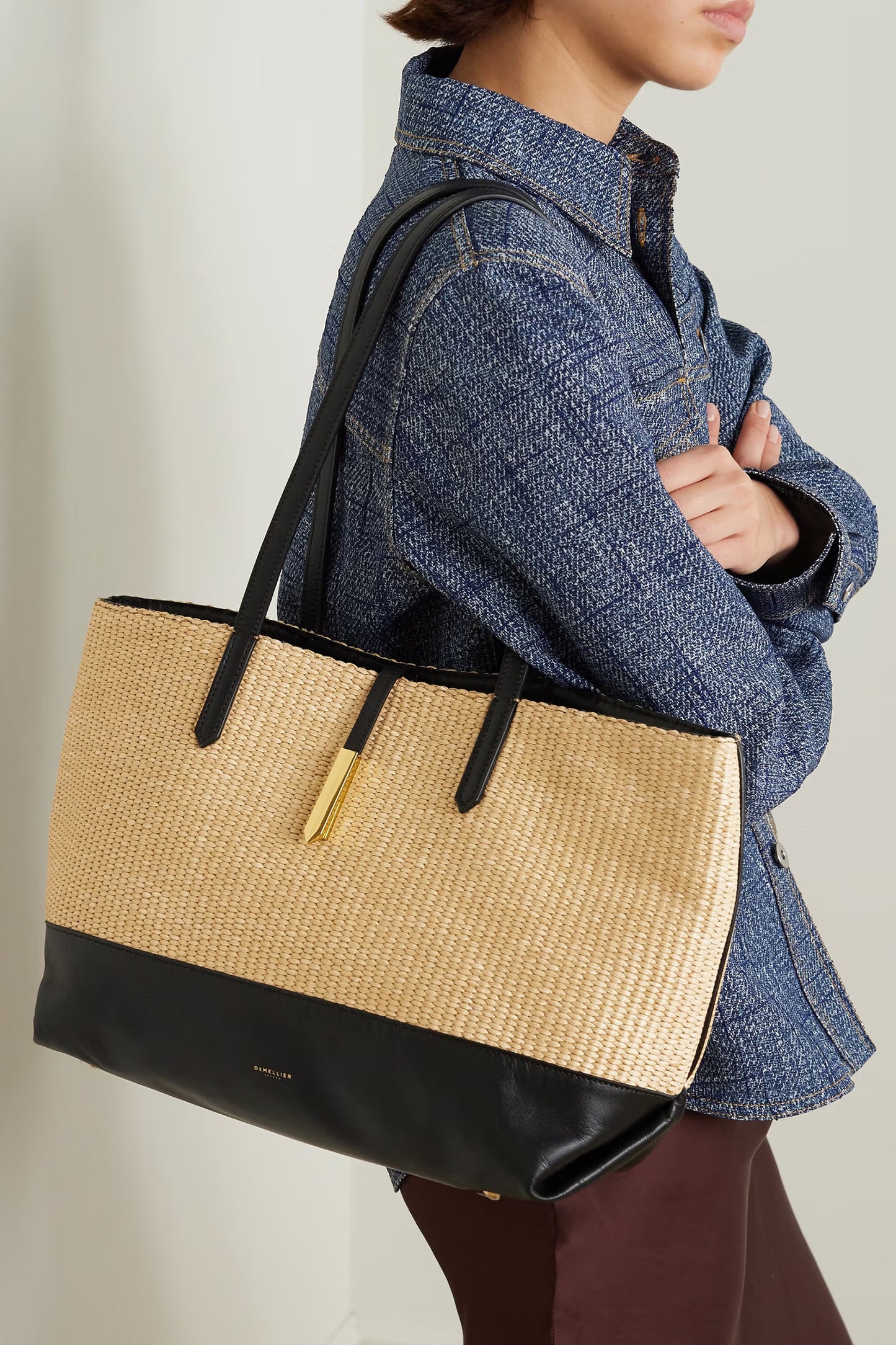 DEMELLIER Tokyo large leather-trimmed raffia tote