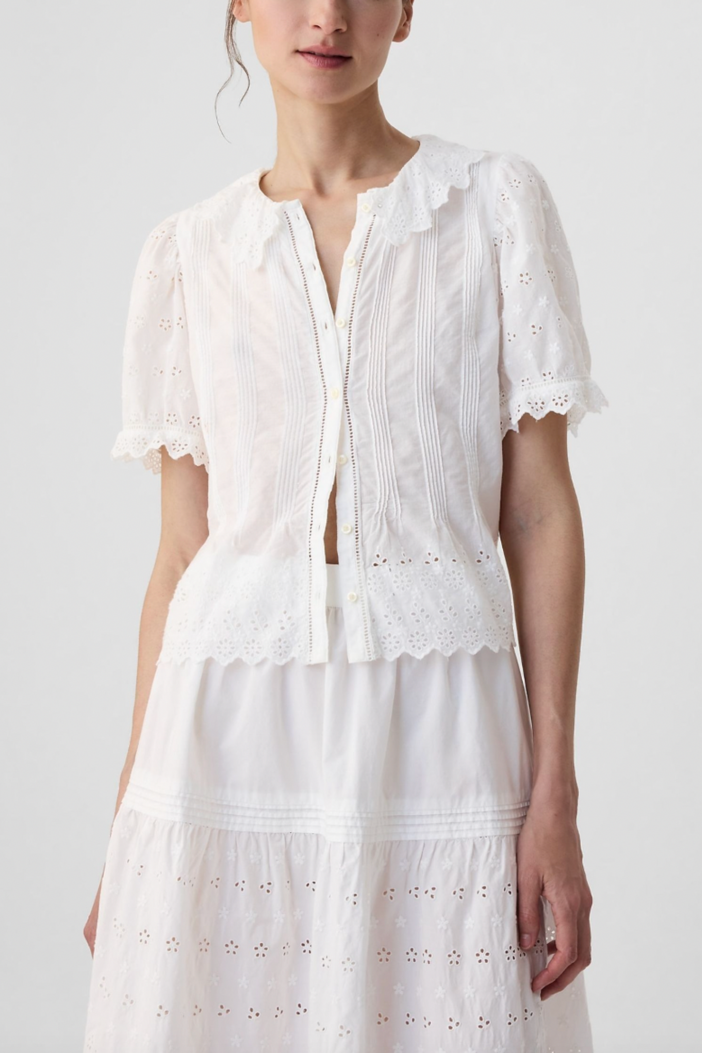 DÔEN Cropped Eyelet Short Sleeve Blouse