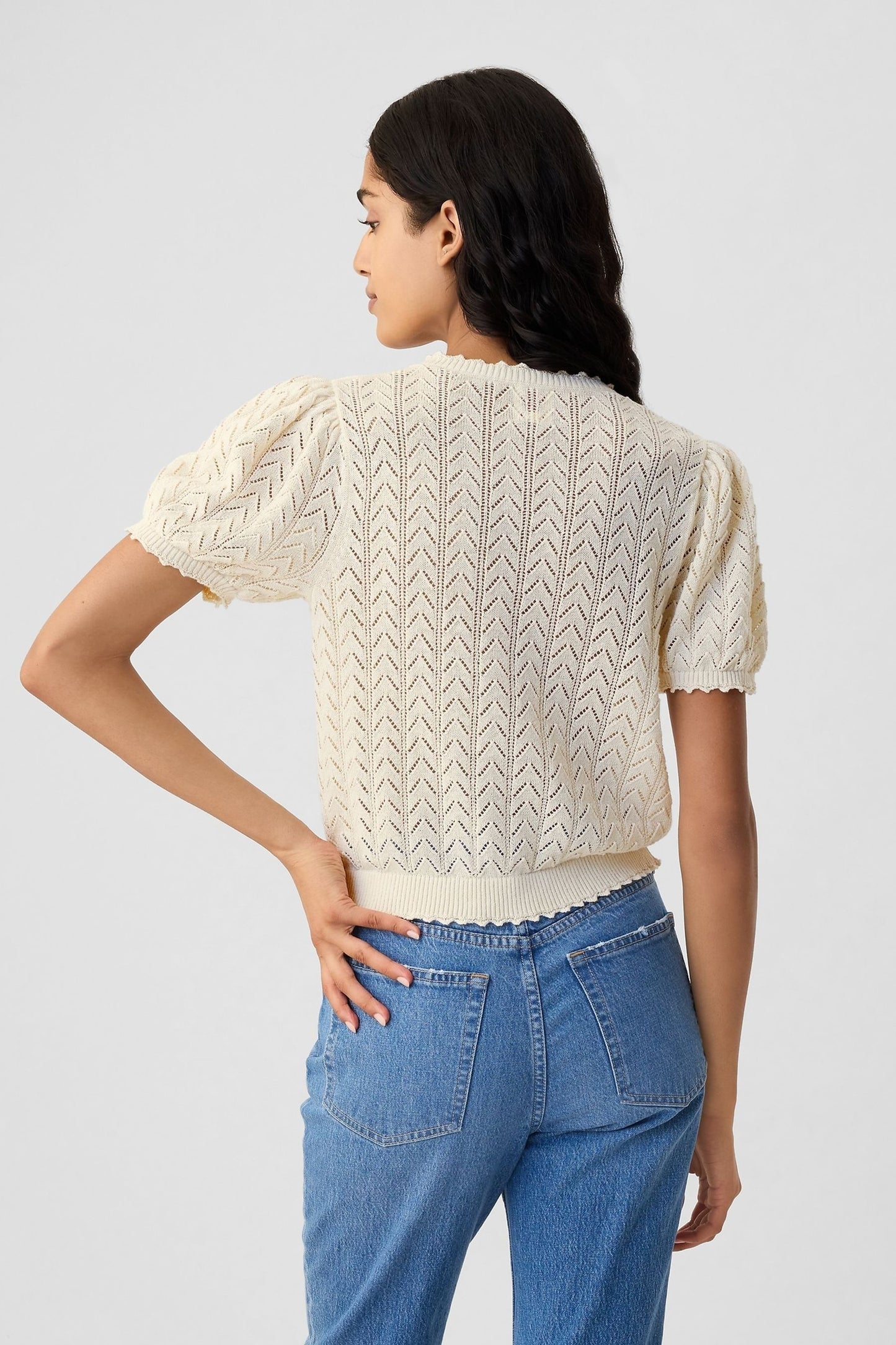 DÔEN Linen-Blend Pointelle Short Sleeve Knit Top