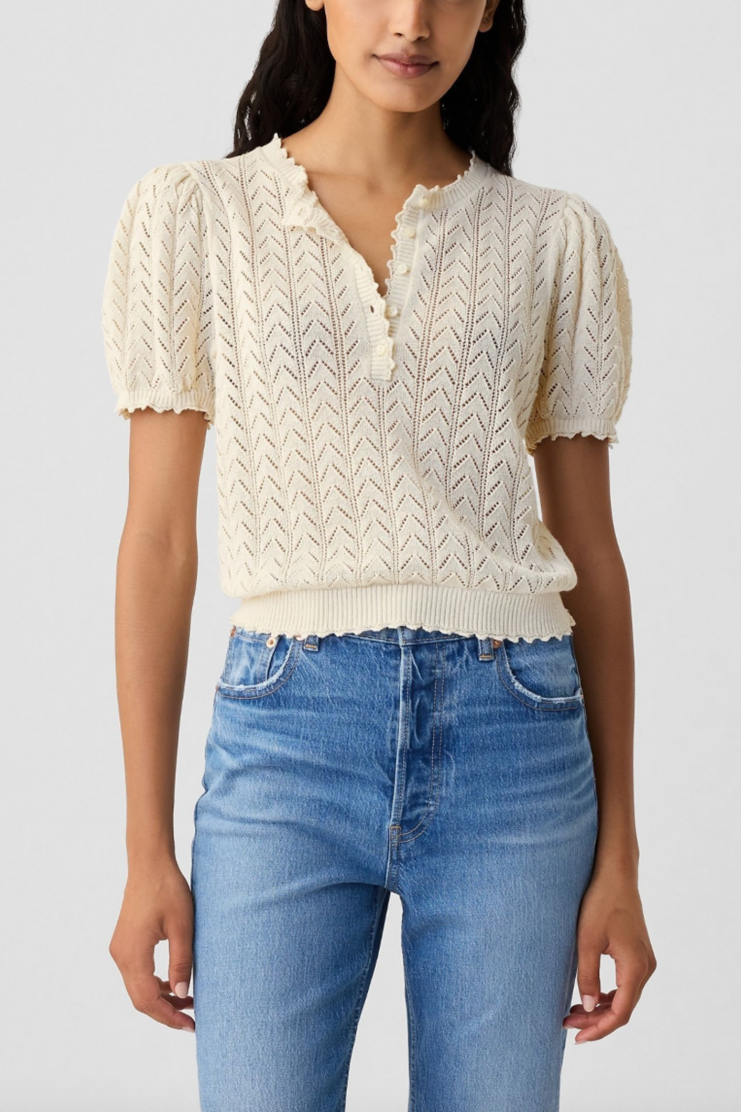 DÔEN Linen-Blend Pointelle Short Sleeve Knit Top