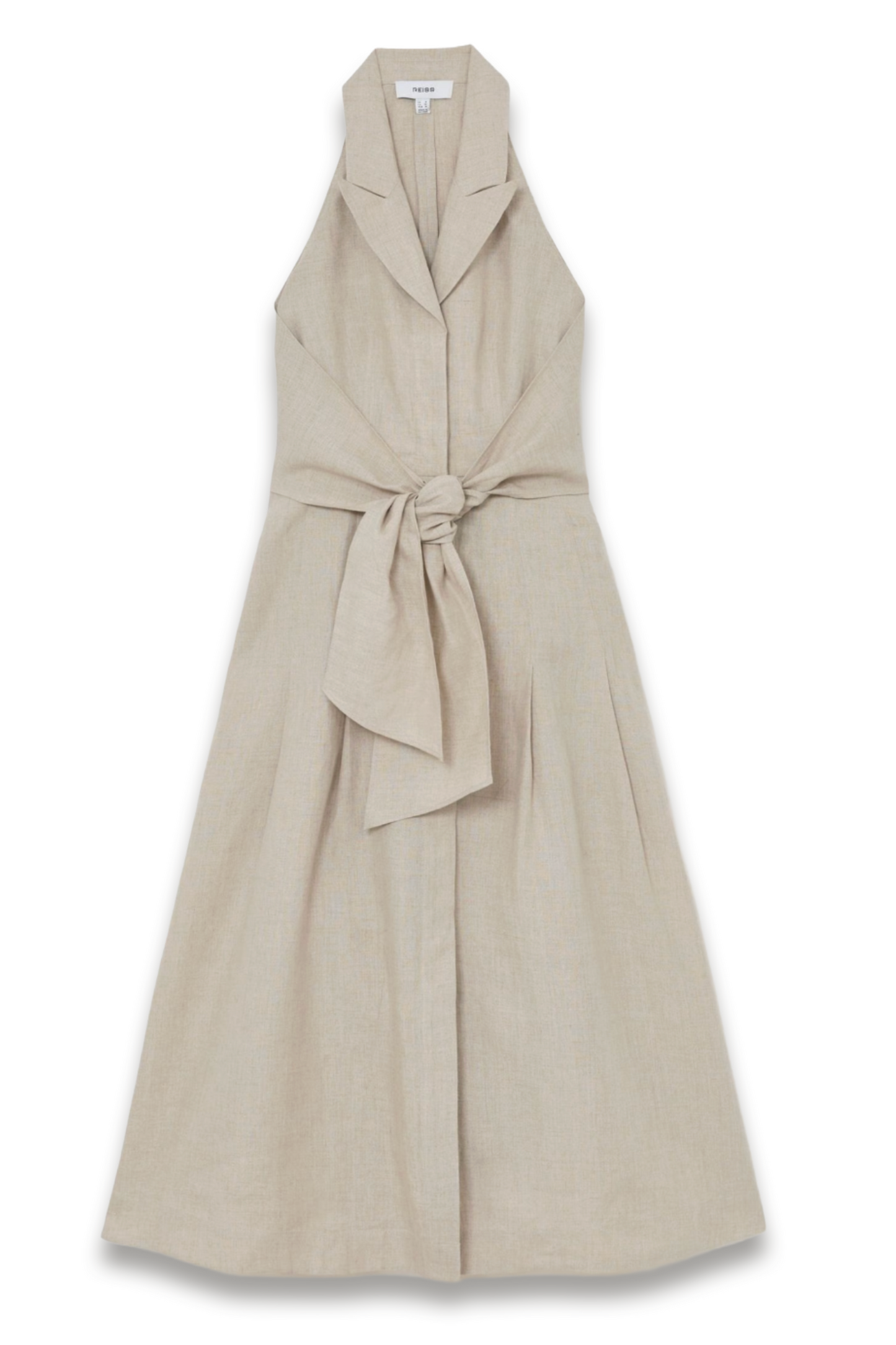 Tara Linen Tie-Waist Tailored Midi Dress in Neutral