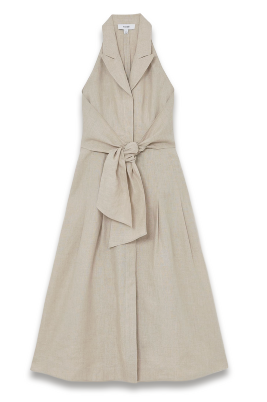 Tara Linen Tie-Waist Tailored Midi Dress in Neutral