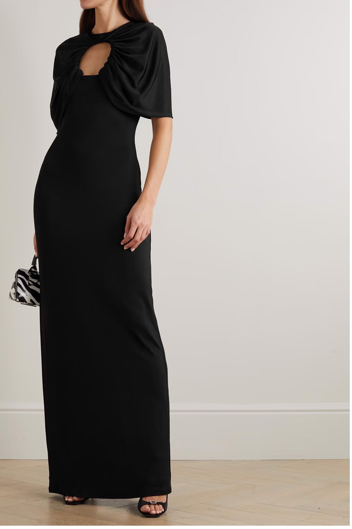 Cape-effect cutout ruched stretch-jersey gown