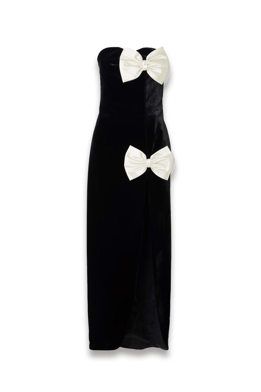 Strapless bow-embellished velvet gown