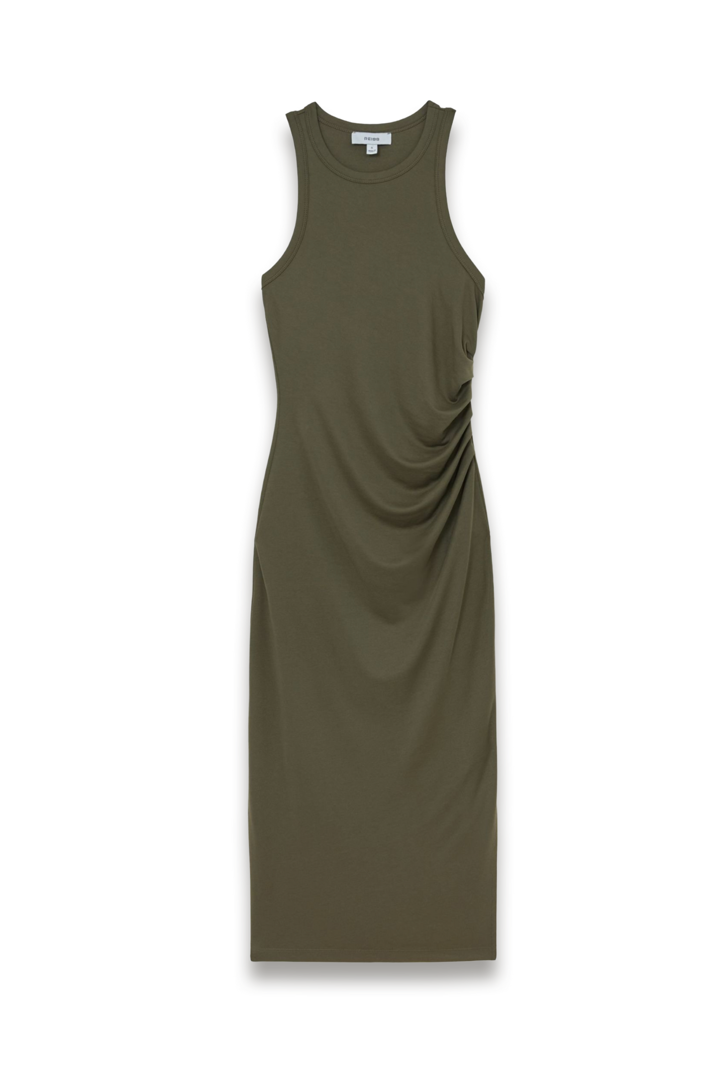 Jersey Ruched Racer Midi Dress in Khaki Green