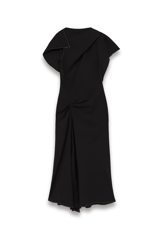 Saskia Asymmetric Draped Midi Dress in Black