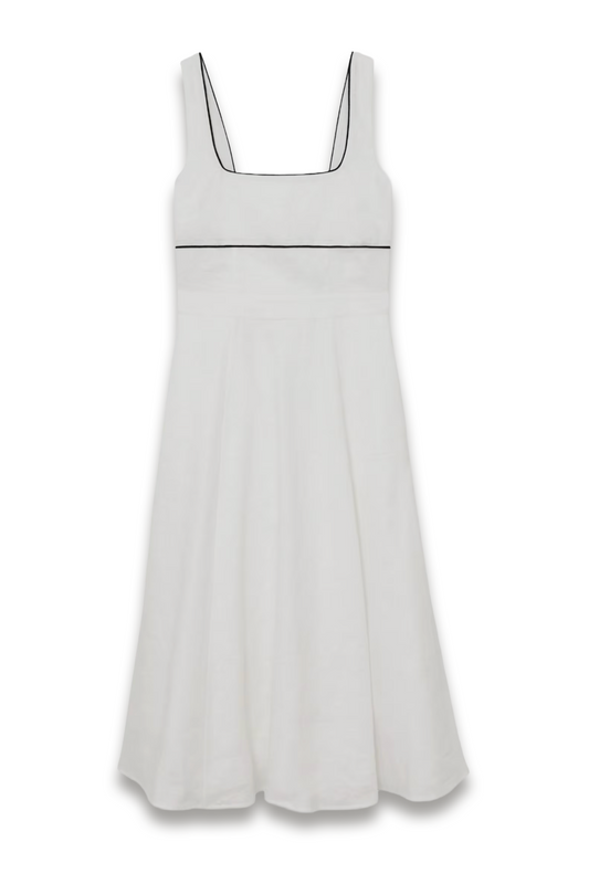Petite Linen Contrast-Trim Midi Dress in Ivory
