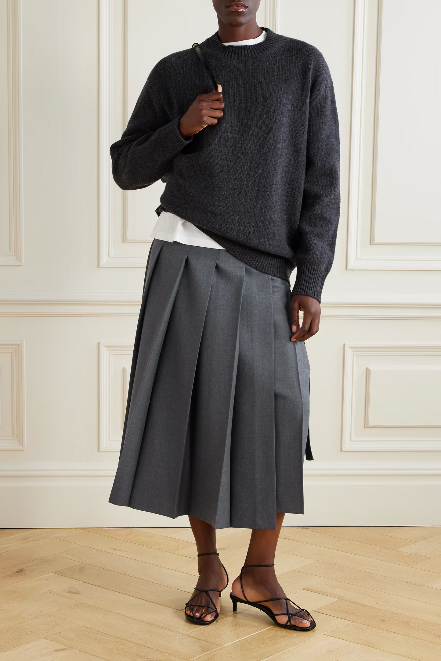 Pleated Twill Midi Wrap Skirt