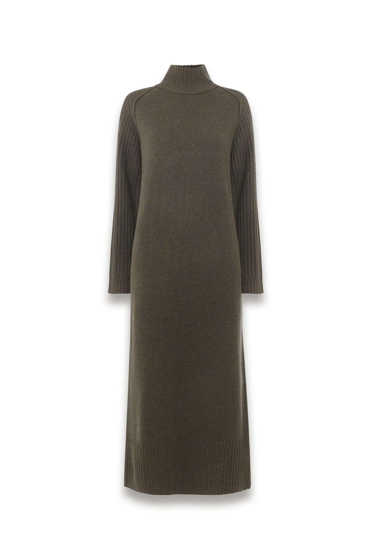 Dark Green Funnel-neck Wool Midi Dress