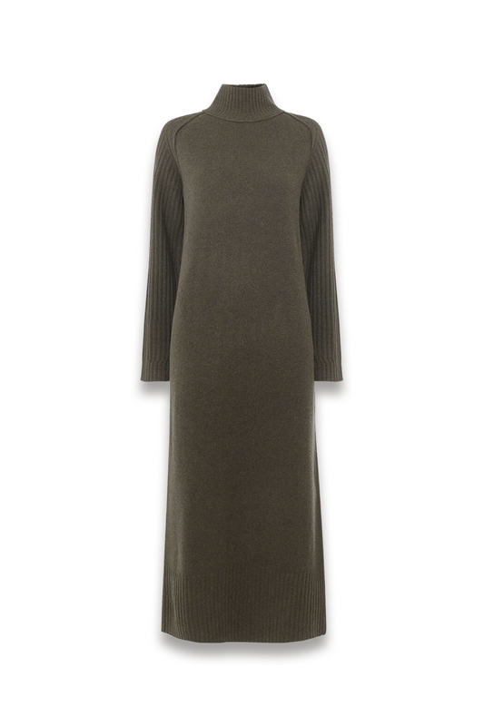 Dark Green Funnel-neck Wool Midi Dress