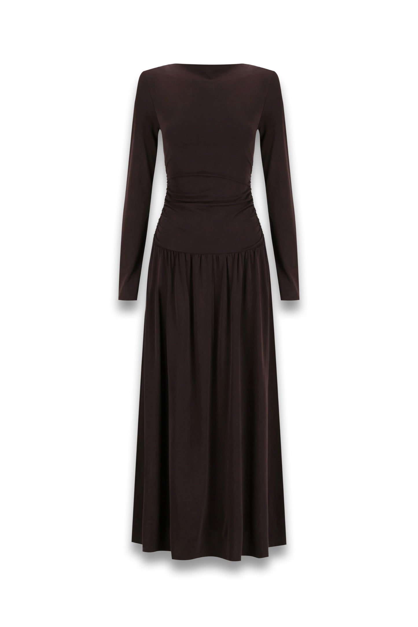Meg Burnt-choc Long-sleeve Knit Midi Dress