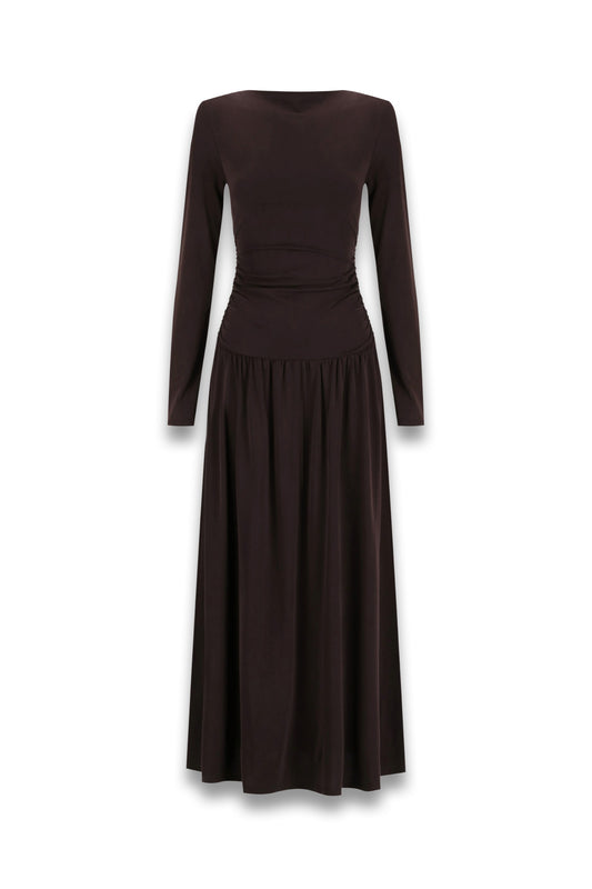 Meg Burnt-choc Long-sleeve Knit Midi Dress