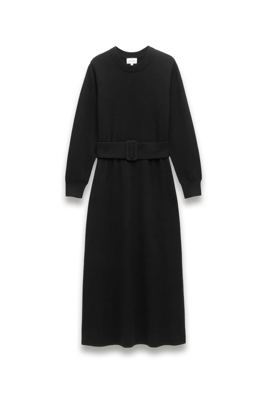 Buckle Belt Merino Wool Midi Dress