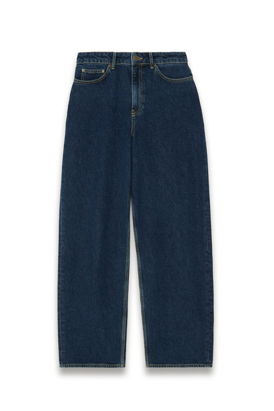 Relaxed Straight Cut High Rise Jeans, Blue Wash