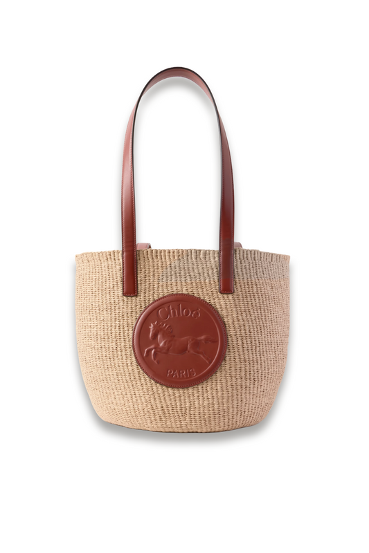 Leather-trimmed Raffia Tote