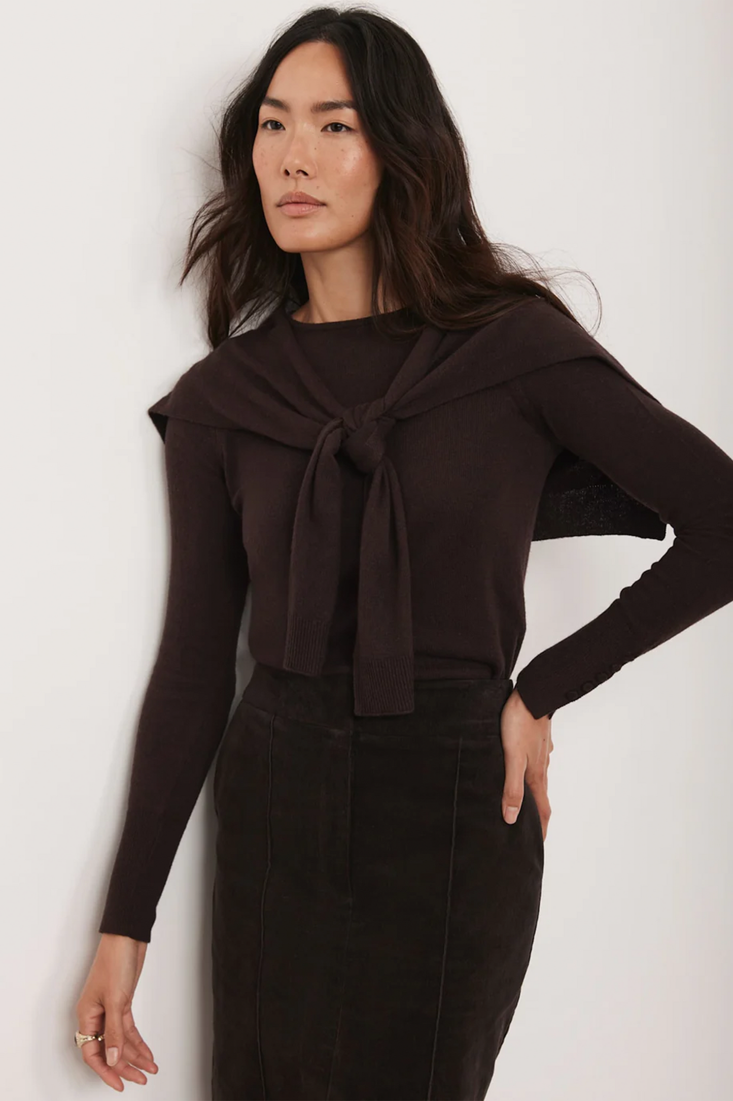 Brown Cotton-blend Scarf-detail Knit Jumper