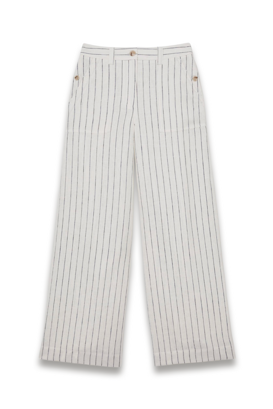 Linen Wide-Leg Trousers in White/Navy