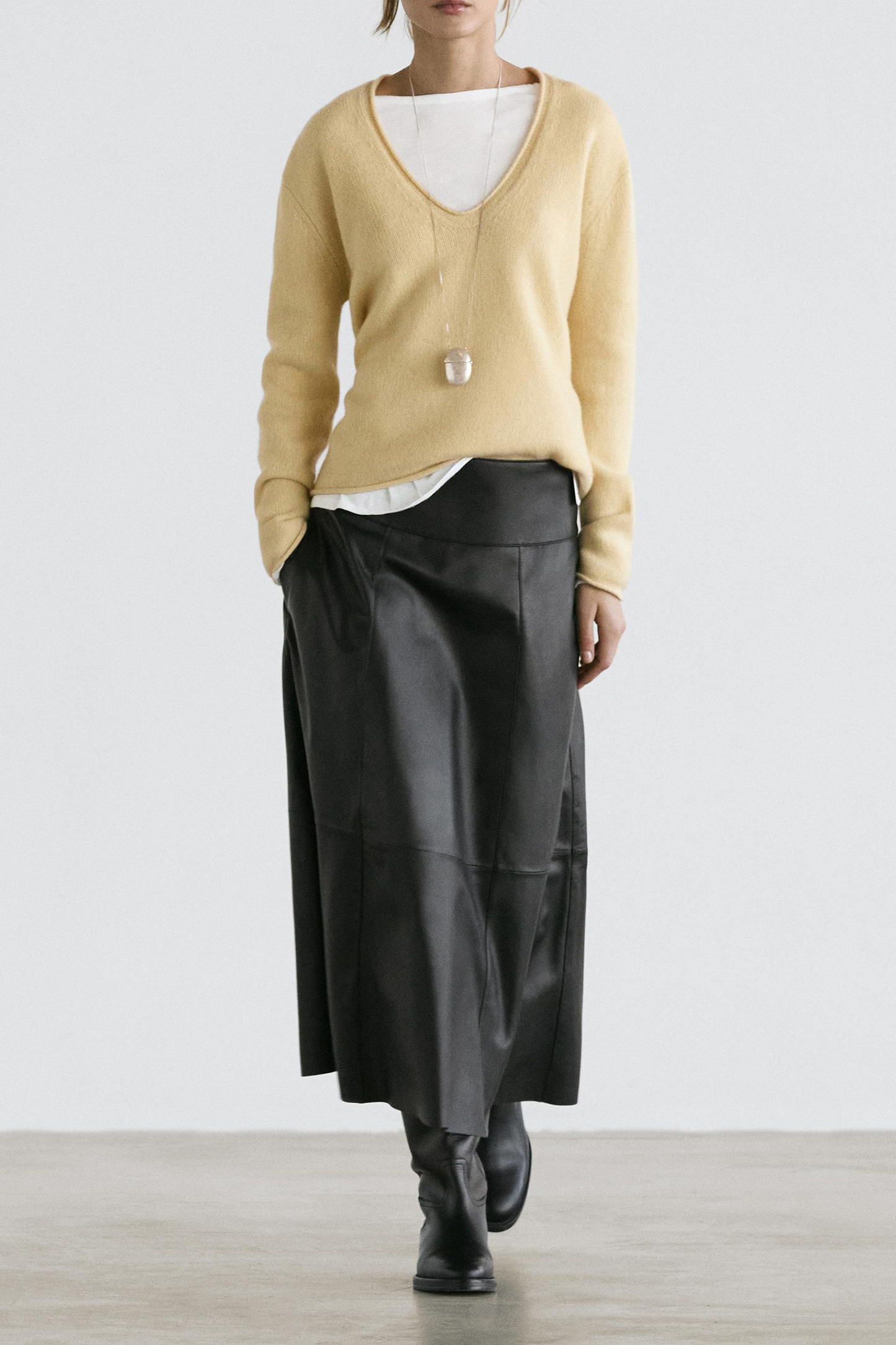 Nappa Leather Midi Skirt with Seams