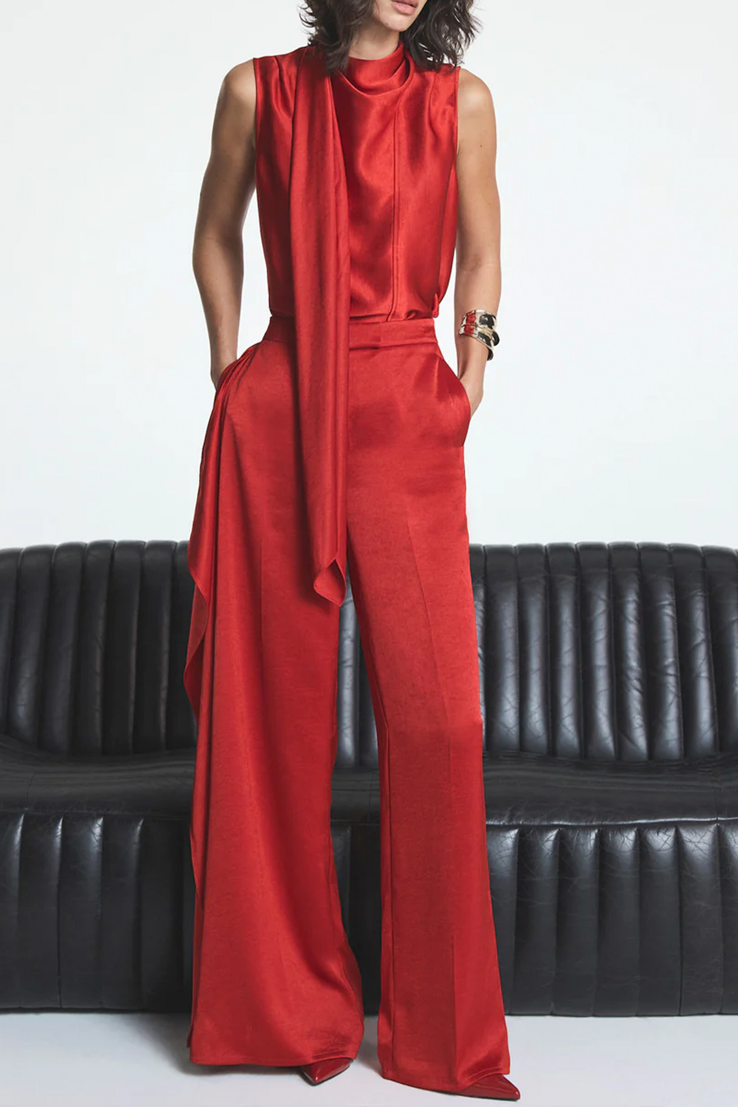 Red Satin Scarf-detail Top and Trousers