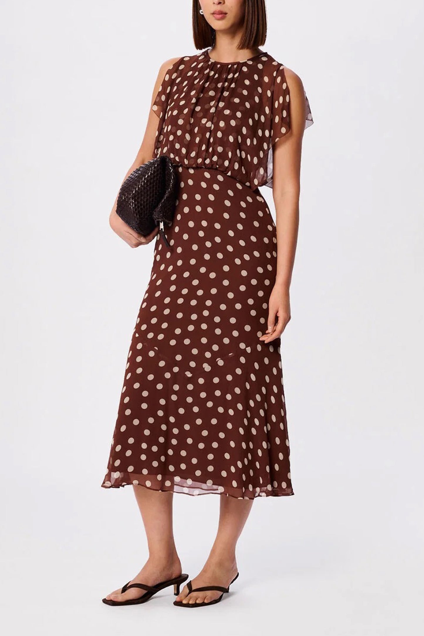 Brown Polka Dot Print Midi Dress