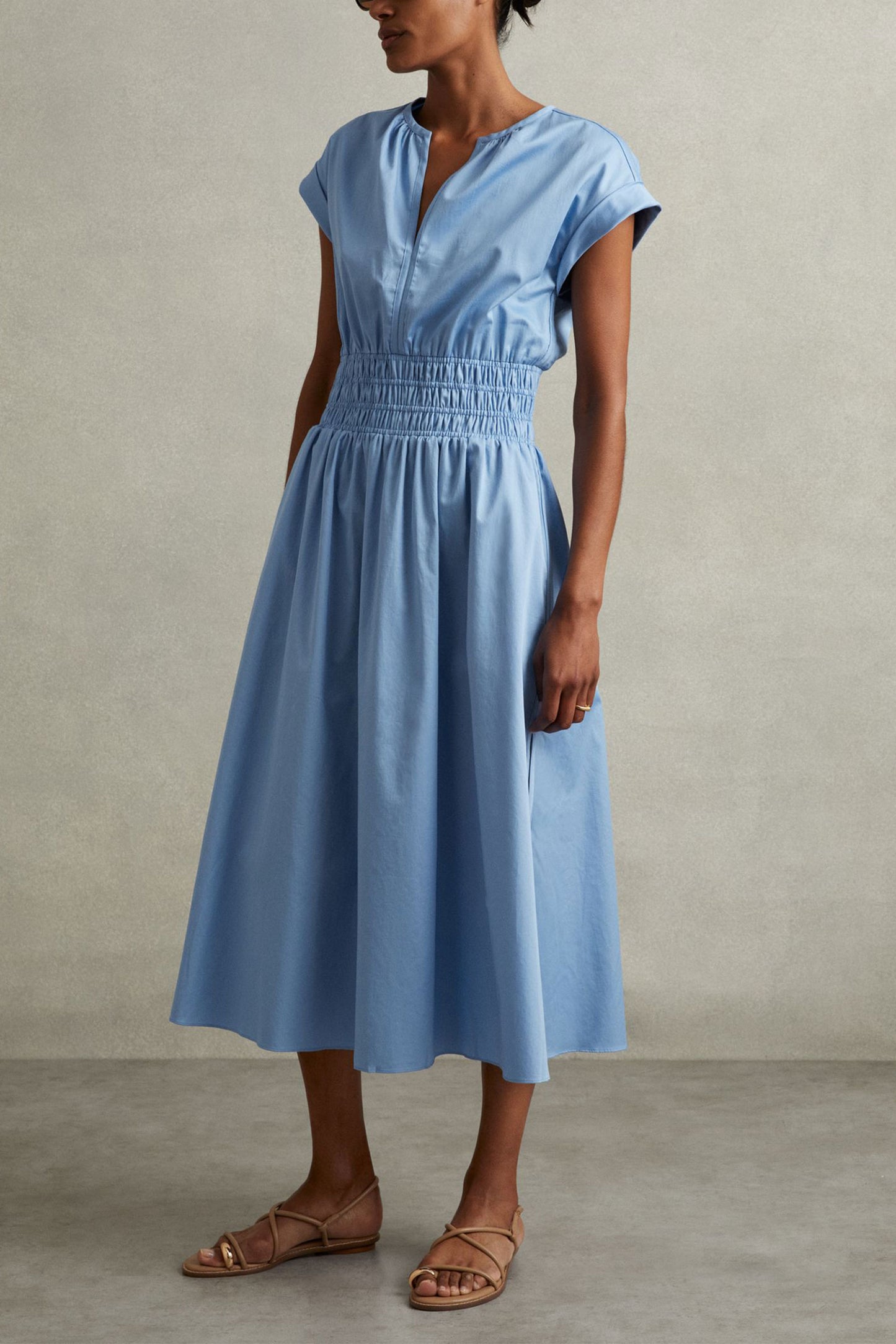 Cotton Ruched Waist Midi Dress
