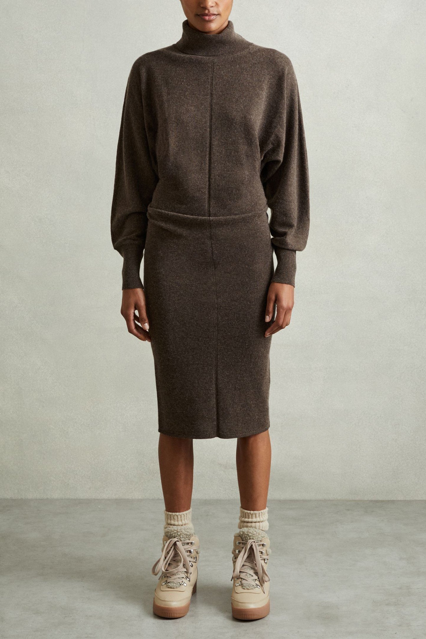 Wool Blend Blouson Sleeve Midi Dress