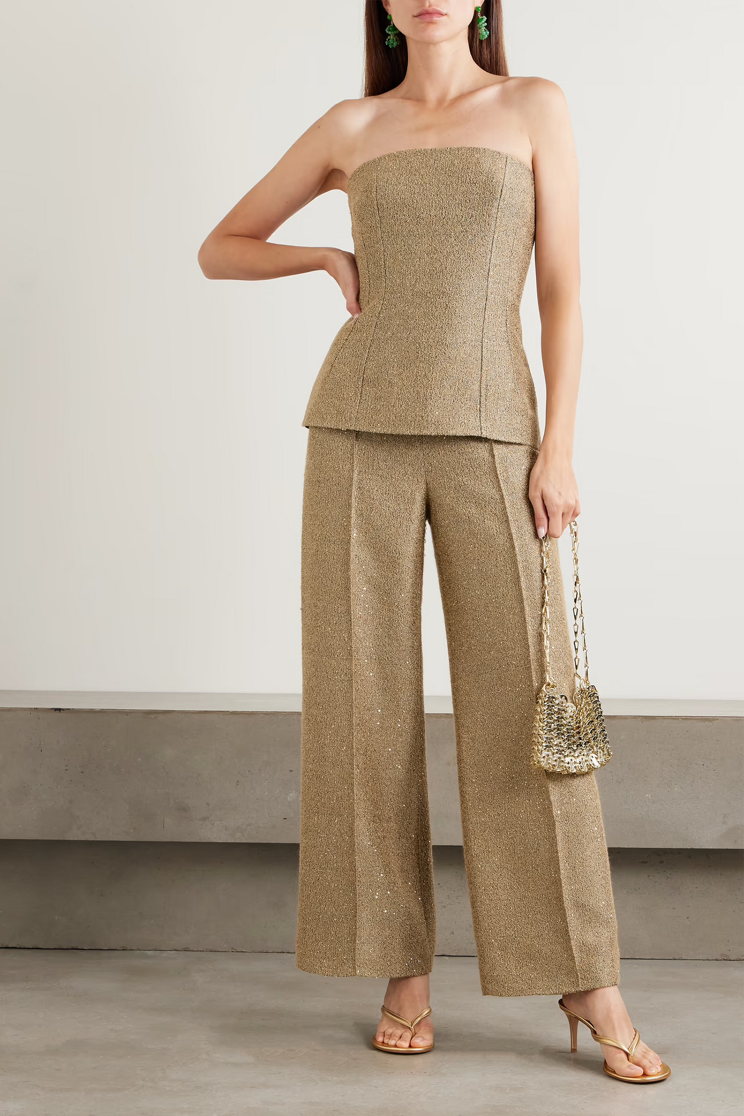 Kerina Strapless Sequined Metallic Tweed Bustier Top