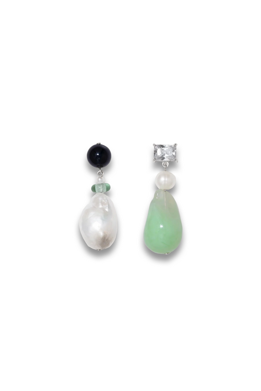 Peat Pearl, Onyx, Glass Bead, Bio Resin and Zirconia Recycled Silver Earrings