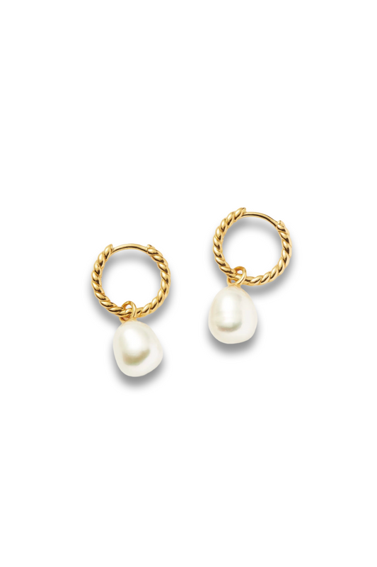 Pearl Twisted Small Drop Hoop Earrings, Gold Vermeil