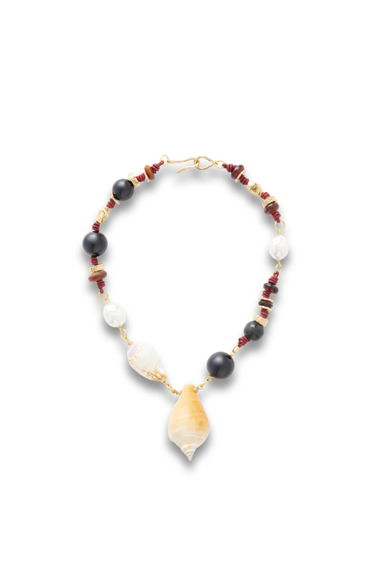 Samsara Gold-plated, Onyx, Leather and Seashell Beaded Necklace