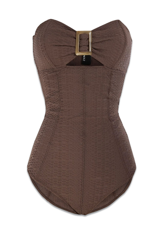Embellished Stretch-Seersucker Bandeau Swimsuit