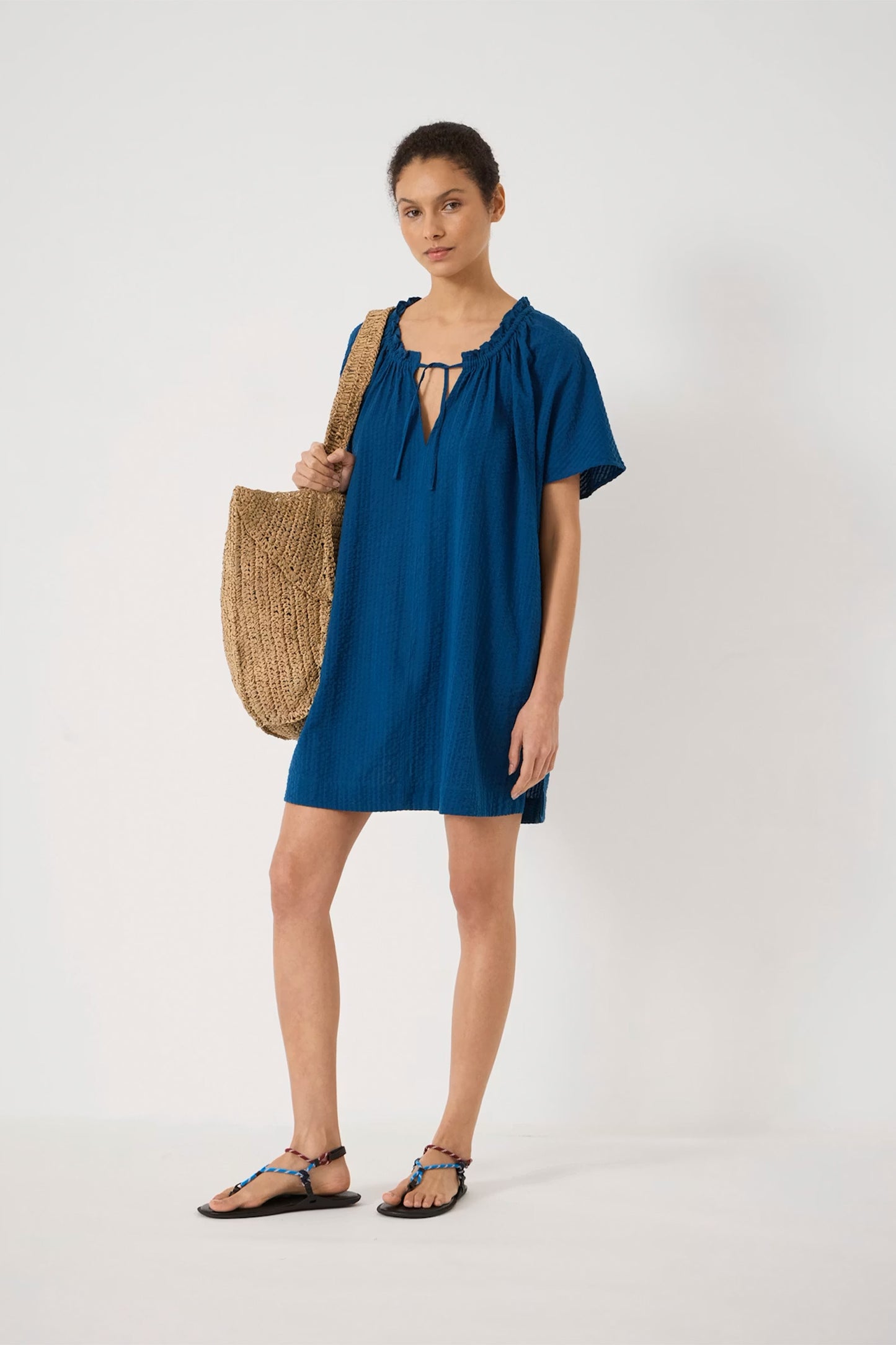 Seersucker Tie Neck Beach Mini Dress | Mid Blue