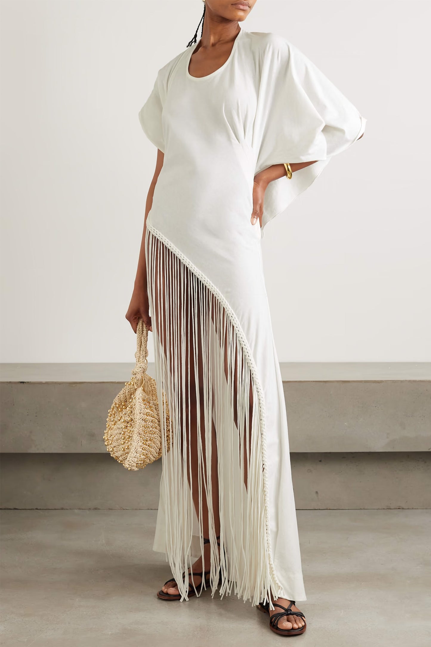 Maceio Asymmetric Braided Fringed Cotton-jersey Dress