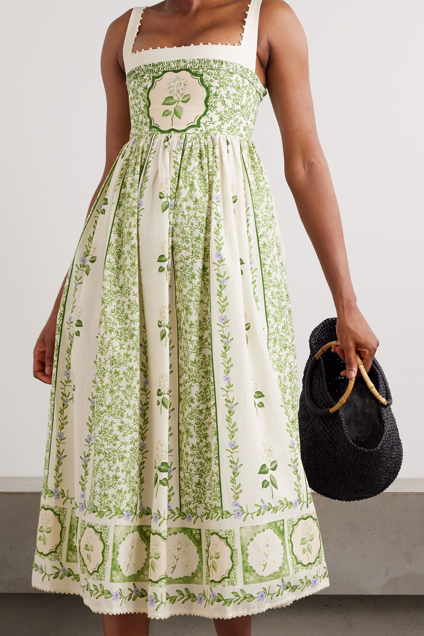 Barbara Pleated Bead-Embellished Floral-Print Linen Midi Dress