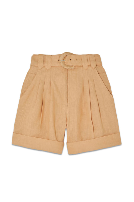 Belted Pleated Linen Shorts