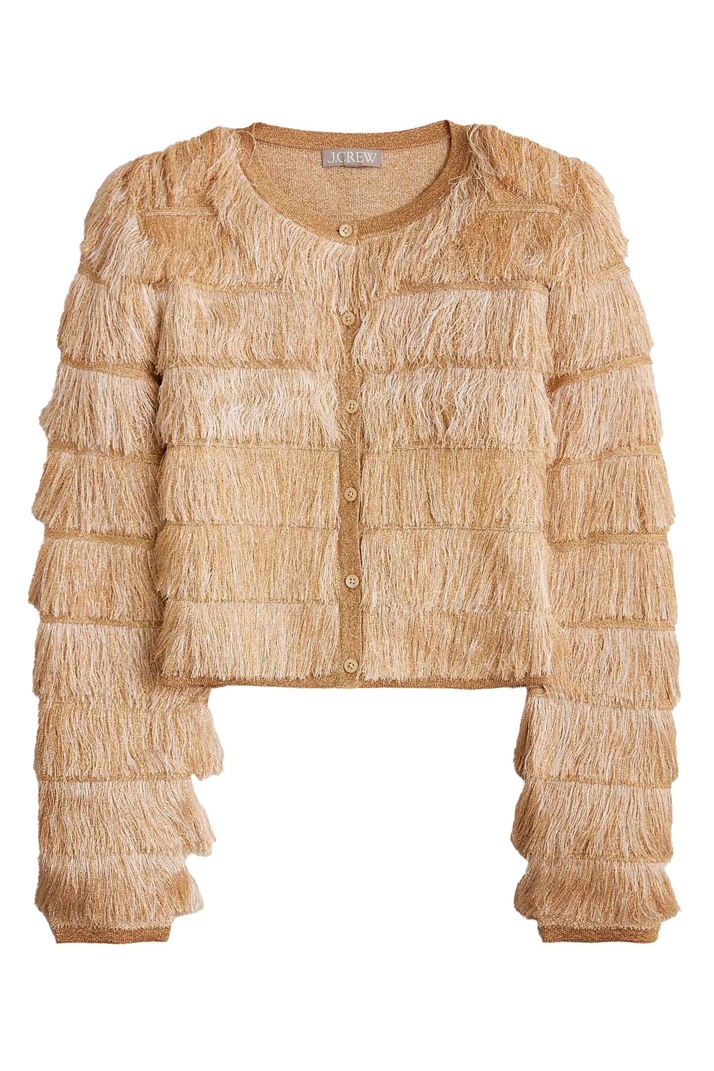 Fringe cardigan sweater in metallic yarn