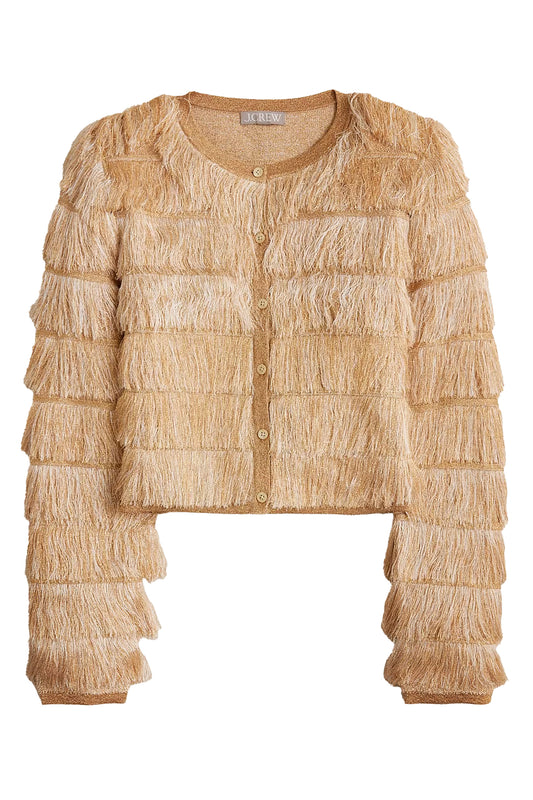 Fringe cardigan sweater in metallic yarn