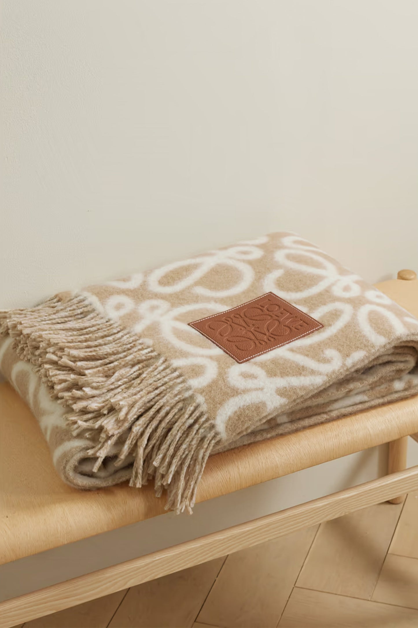 Fringed leather-trimmed alpaca-blend jacquard blanket