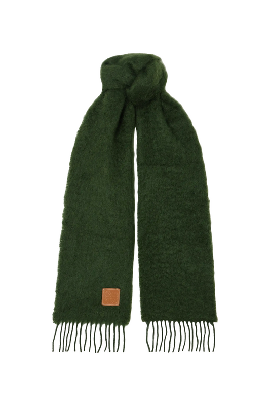 Fringed Leather-Trimmed Green Mohair-Blend Scarf