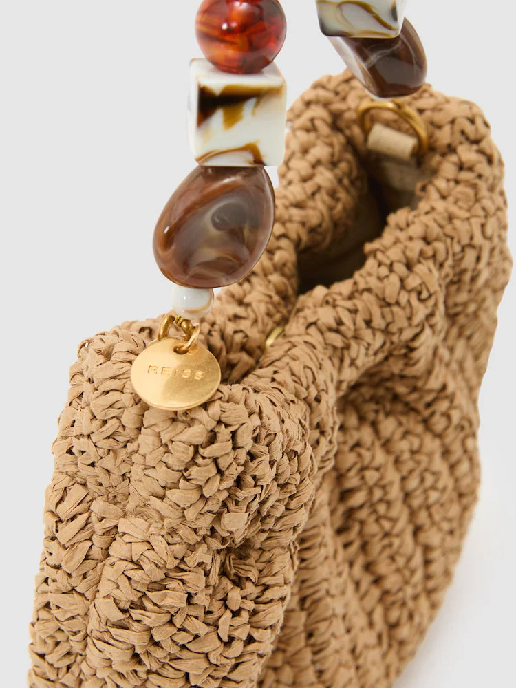 Erin Raffia-Effect Beaded-Handle Pouch Bag in Natural