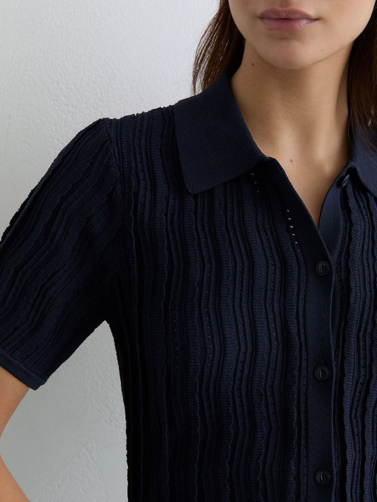 Audrey Stitch-detail Short-sleeve Knitted Shirt in Navy