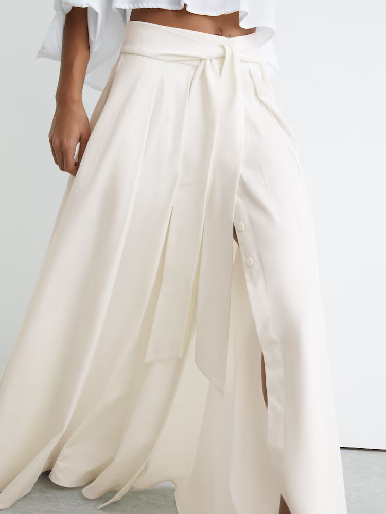 Simone Cotton-blend Pleated Maxi Skirt in Ivory