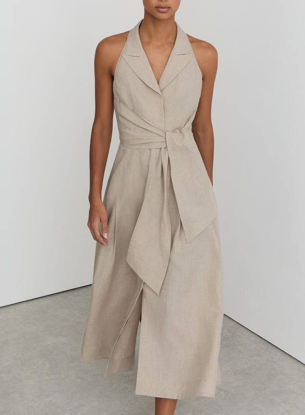 Tara Linen Tie-Waist Tailored Midi Dress in Neutral