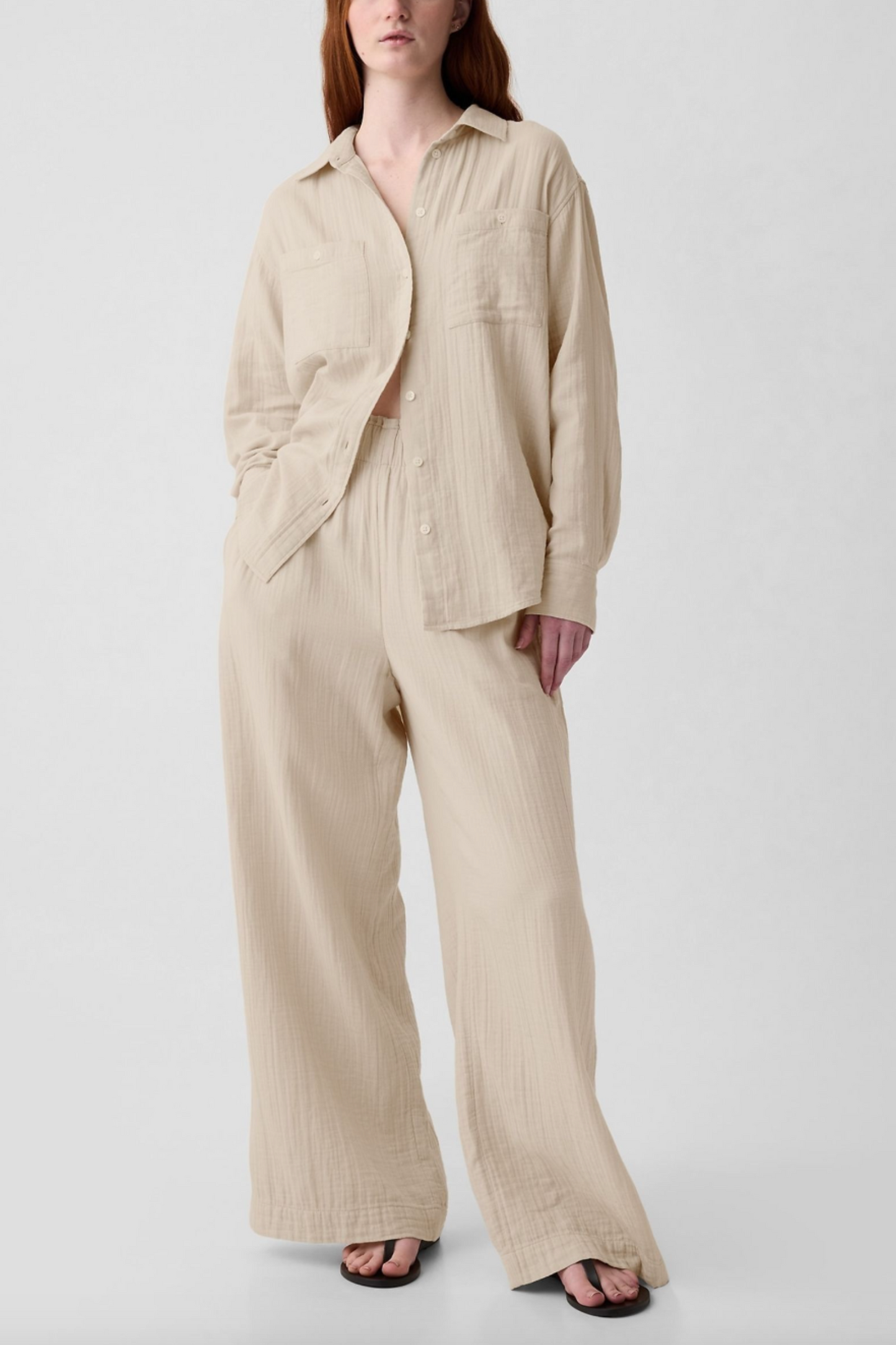 Crinkle Beige Cotton Long Sleeve Oversize Shirt