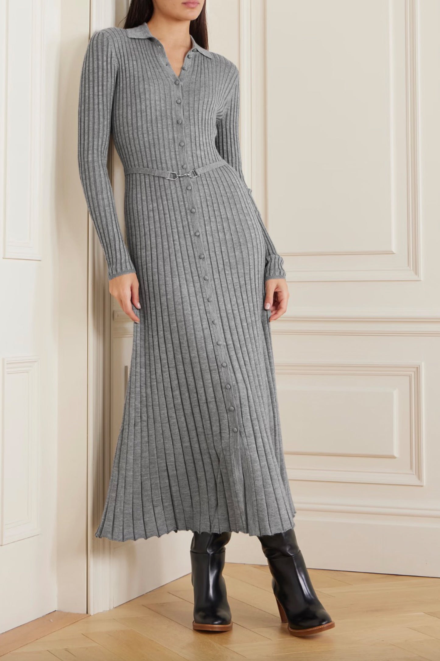 Tenes Belted Ribbed Silk and Cashmere-blend Midi Dress