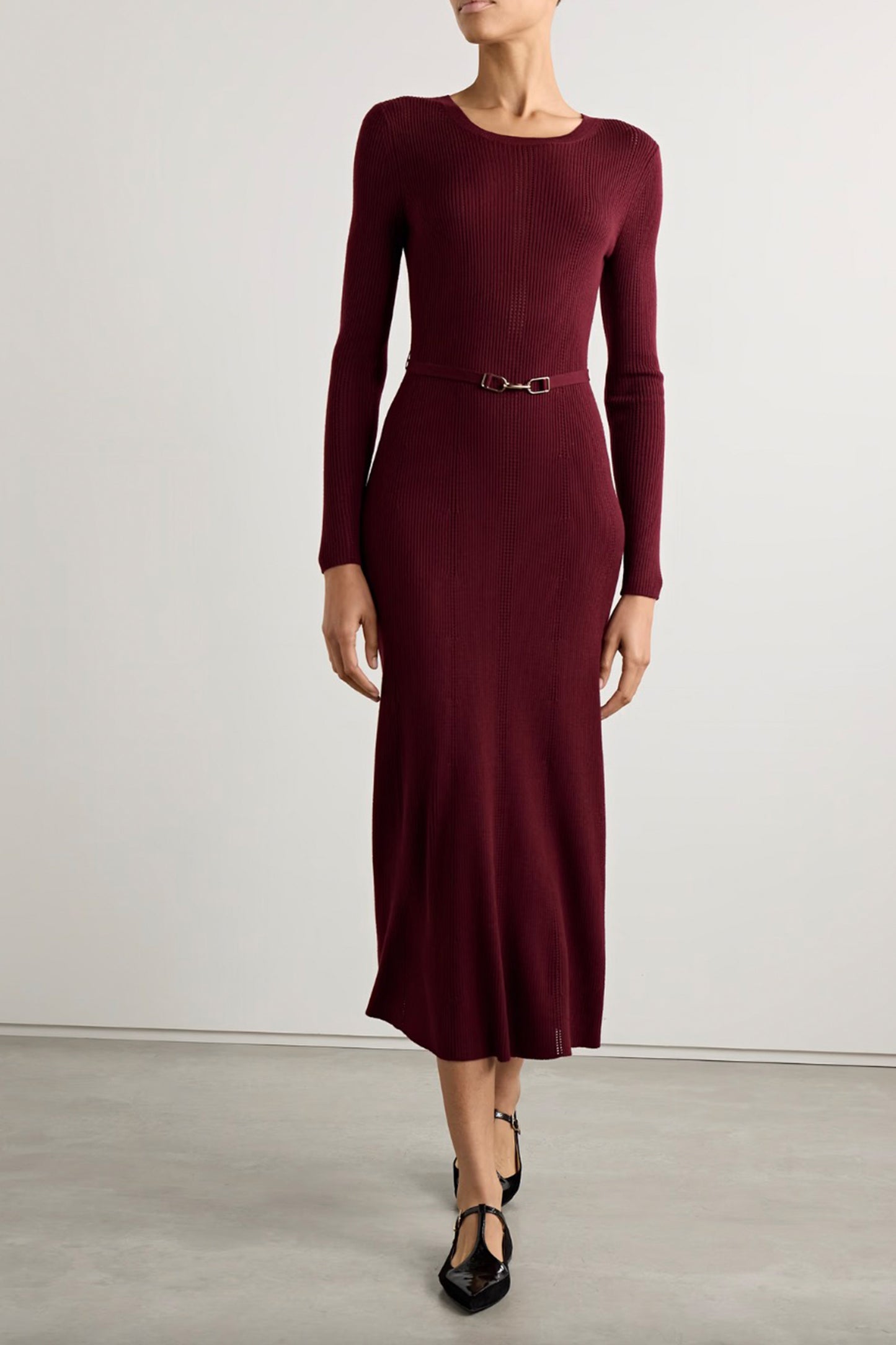 Imagene Belted Ribbed Pointelle-knit Wool Midi Dress